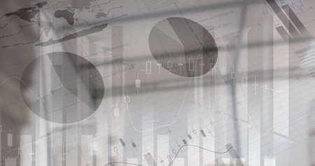 Image of financial data processing over empty warehouse. global shipping, delivery and connections concept digitally generated image.の写真素材