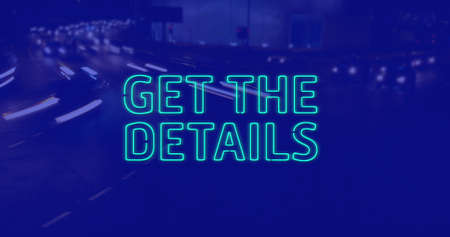 Image of get the details text over street on blue background. social media and communication interface concept digitally generated image.の写真素材