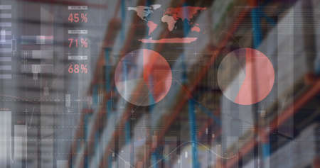 Image of financial data processing over empty warehouse. global shipping, delivery and connections...