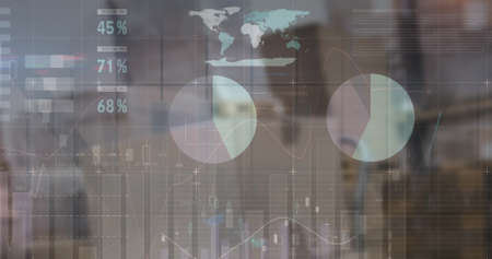Image of financial data processing over empty warehouse. global shipping, delivery and connections...