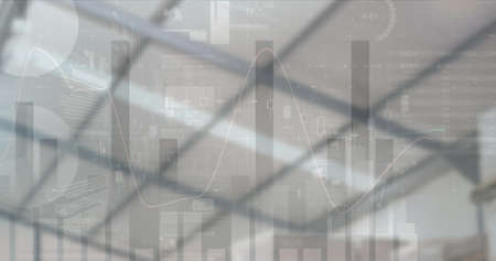 Image of financial data processing over empty warehouse. global shipping, delivery and connections...