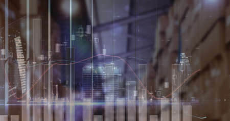 Image of financial data processing over empty warehouse. global shipping, delivery and connections...