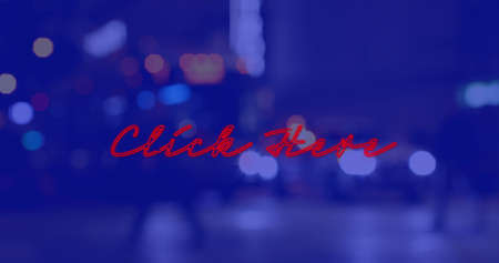 Image of click here text over cityscape at night on blue background. social media and communication interface concept digitally generated image.の写真素材