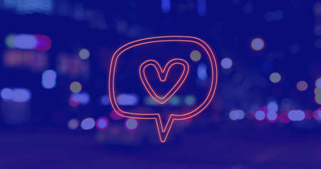 Image of heart icon over cityscape at night on blue background. social media and communication...