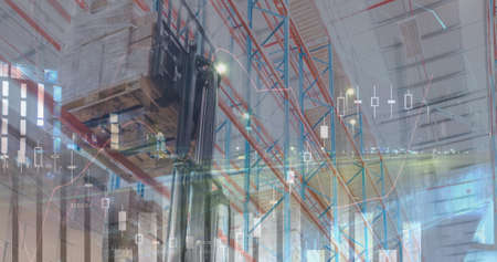 Image of financial data processing over empty warehouse. global shipping, delivery and connections concept digitally generated image.の写真素材
