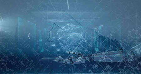 Image of spinning shape over mathematical equations and digital screens. globe and maps concept...