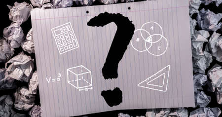 Image of black question mark over school icons on ruled paper. trivia day, education and learning...