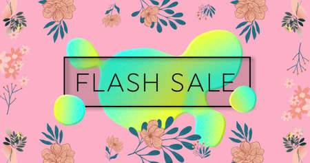 Image of flash sale text in frame over glowing blob and flowers on pink background. retail, sales and communication concept digitally generated image.の写真素材