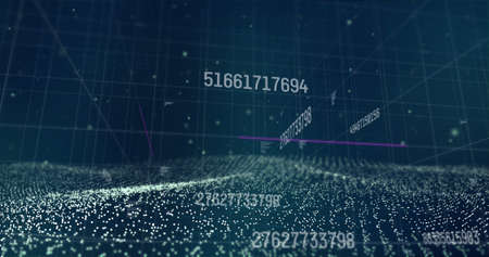 Multiple changing numbers and data processing against digital wave on blue background. computer...