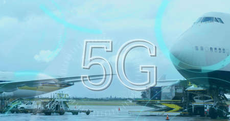 5g text and round neon scanners against airplane at the airport. global networking and air travel...