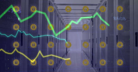 Image of lines processing with online security icons over computer servers. global data processing...