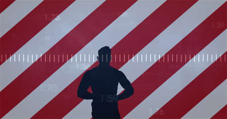 Image of american flag with man's silhouette and statistics processing. american patriotism,...