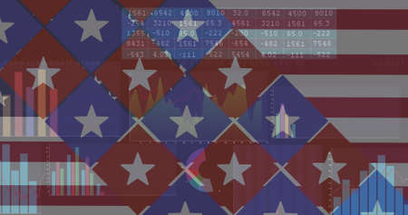 Image of american flags with statistics processing. american patriotism, independence and business concept digitally generated image.の写真素材