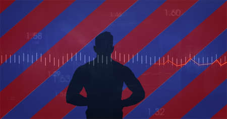 Image of american flag with man's silhouette and statistics processing. american patriotism, independence and business concept digitally generated image.の写真素材