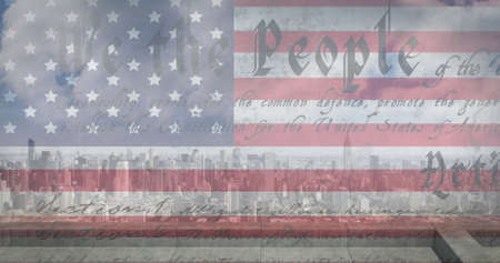 Image of american flag and constitution text over cityscape. american patriotism and independence...