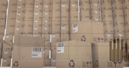 Image of statistics processing over cardboard boxes on white background. global shipping, business and data processing concept digitally generated image.の写真素材