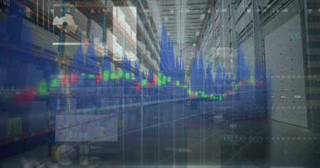 Image of statistics processing over warehouse in background. global shipping, business and data...