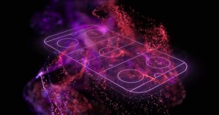 Image of neon purple ice hockey rink and pink mesh. sports and data processing concept digitally generated image.の写真素材