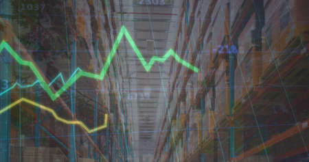 Image of statistics processing with lines over warehouse. global shipping, business and data...
