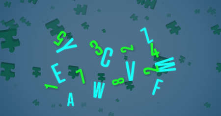 Image of green puzzle pieces and letters falling over blue background. national puzzle day and games concept digitally generated concept.の写真素材