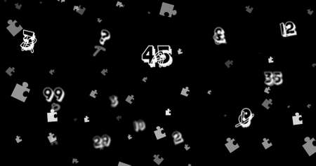 Image of puzzles and numbers floating over black background. national puzzle day and brain activity...