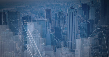 Image of data processing over cityscape. global business, finances, connections and digital interface concept digitally generated image.の写真素材