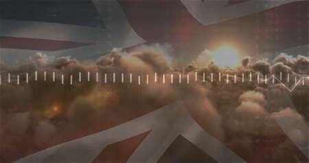 Image of data processing over clouds and flag of uk. global business, finances, connections and...