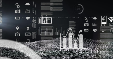 Image of data processing on black background. global business, finances, connections and digital...