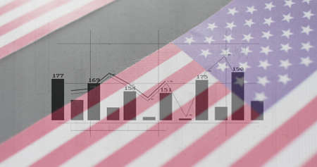 Image of data processing over flag of america. global business, finances, connections and digital...