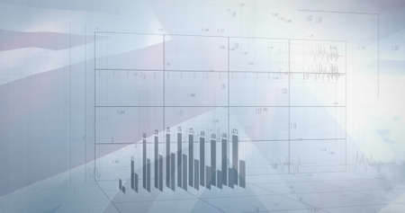 Image of data processing over clouds and flag of uk. global business, finances, connections and digital interface concept digitally generated image.の写真素材