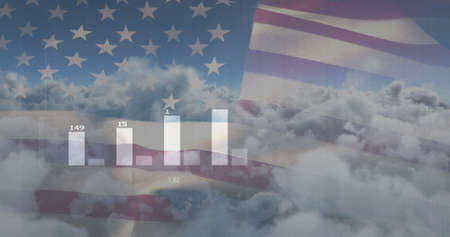 Image of data processing over clouds and flag of america. global business, finances, connections and digital interface concept digitally generated image.の写真素材