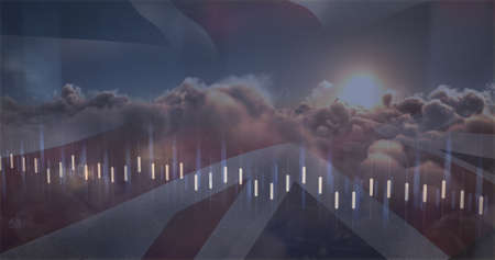 Image of data processing over clouds and flag of uk. global business, finances, connections and...