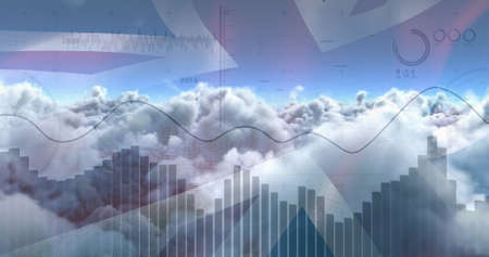 Image of data processing over clouds and flag of uk. global business, finances, connections and digital interface concept digitally generated image.の写真素材