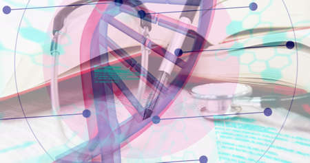 Image of dna strand spinning over doctor's stethoscope. medicine and healthcare concept...