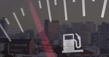 Image of car panel over cityscape. ukraine crisis and international politics concept digitally...