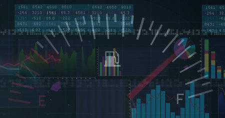 Image of data processing over car panel. global business, finances, connections and digital interface concept digitally generated image.の写真素材
