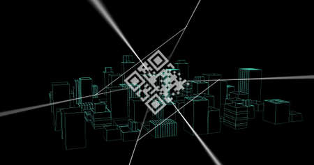 Image of qr code and data processing over city. global technology and digital interface concept digitally generated image.の写真素材