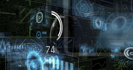 Image of circles and data processing on black background. global technology and digital interface...