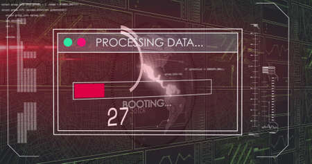 Image of circles and data processing on black background. global technology and digital interface...