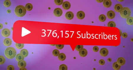 Image of media icon over bitcoin symbols. global business, finances, connections and digital...