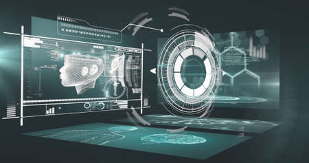 Image of scope scanning and data processing on black background. global technology and digital...