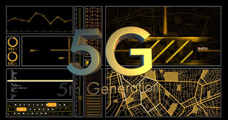 Image of 5g text and data processing on black background. global technology and digital interface...