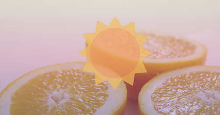 Image of sun icon over oranges. national vegetarian week and celebration concept digitally generated...