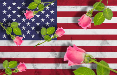 Digital composite image of pink roses over flag of america painted on wall, copy space. illustration, patriotism, russia ukraine conflict, invasion and politics concept.の写真素材