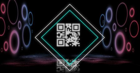Image of glowing qr code over neon geometric shapes. online security, identity and data processing concept digitally generated image.の写真素材