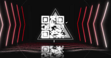 Image of glowing qr code over neon geometric shapes. online security, identity and data processing concept digitally generated image.の写真素材