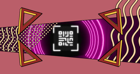 Image of glowing qr code over neon geometric shapes. online security, identity and data processing concept digitally generated image.の写真素材
