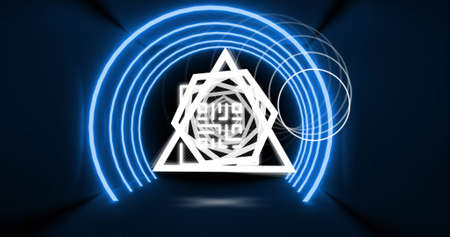 Image of glowing qr code over neon geometric shapes. online security, identity and data processing concept digitally generated image.の写真素材