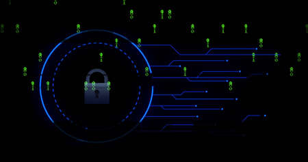 Image of online security padlock, binary coding and data processing. global online security,...