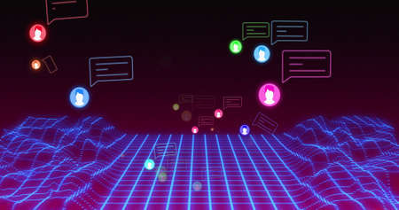 Image of media icons and mountains on black background. social media and communication interface...
